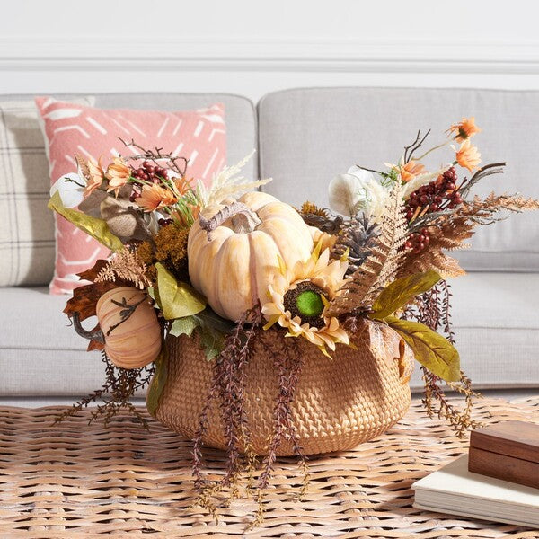 FAUX 26 INCH PUMPKIN & SUNFLOWER POTTED ARRANGEMENT